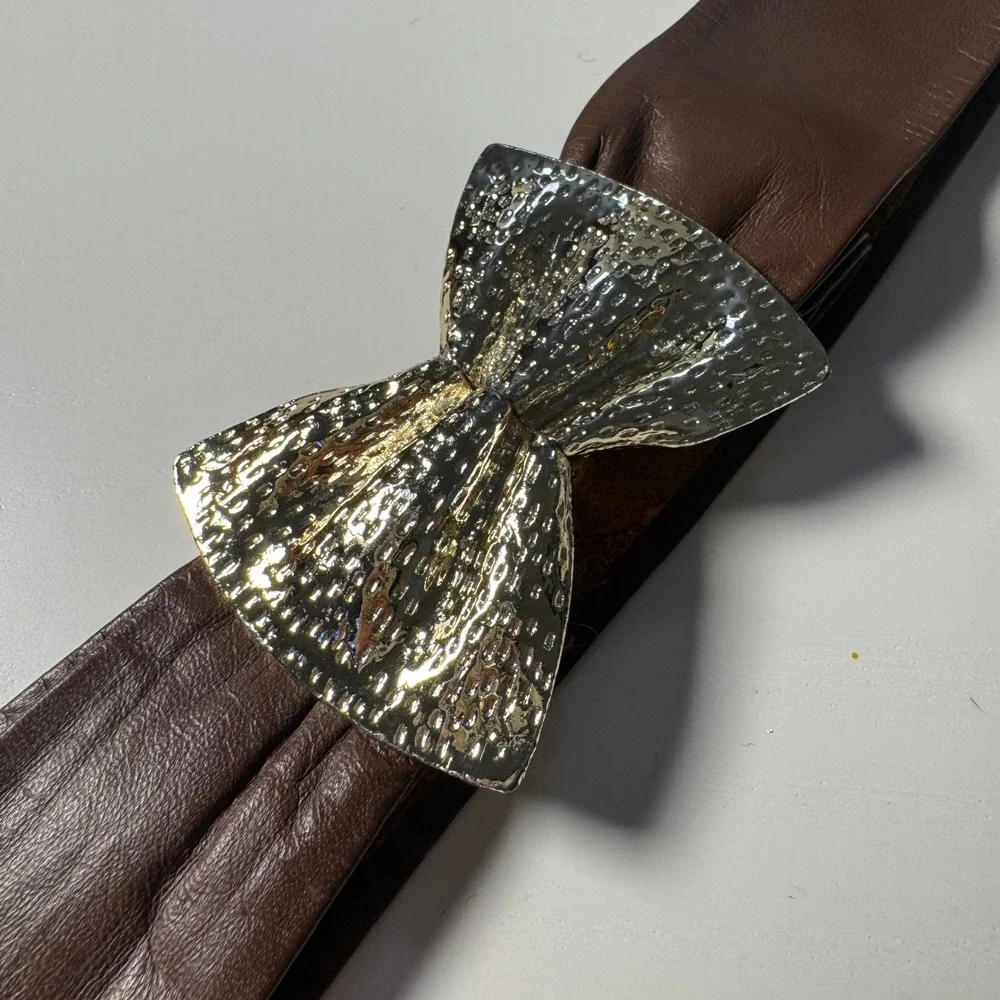 Vtg 80s Brown Leather Wide Waist Belt Hammered Gold Bow Buckle Statement Novelty